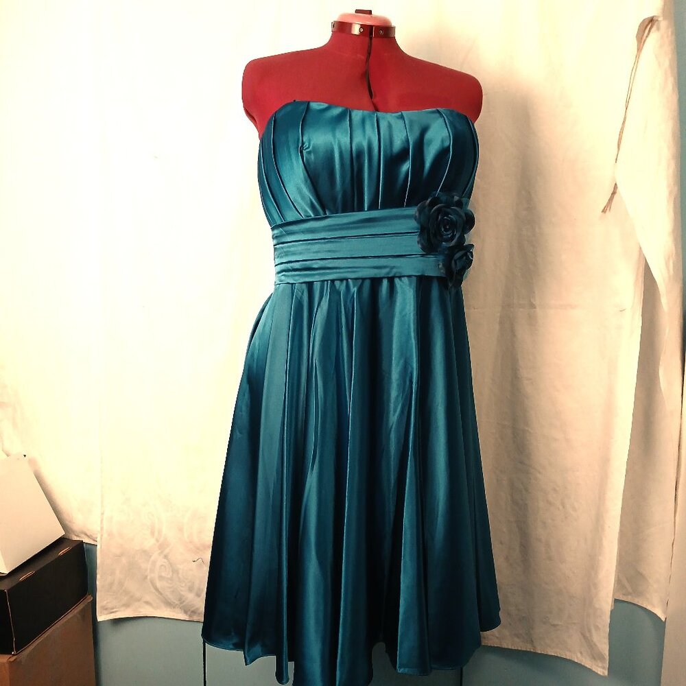 Strapless Teal Satin Formal Dress